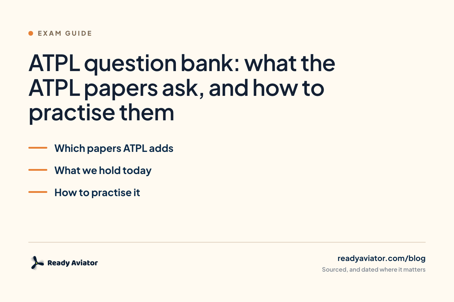 A typographic card reading ATPL question bank, with the three things the guide settles