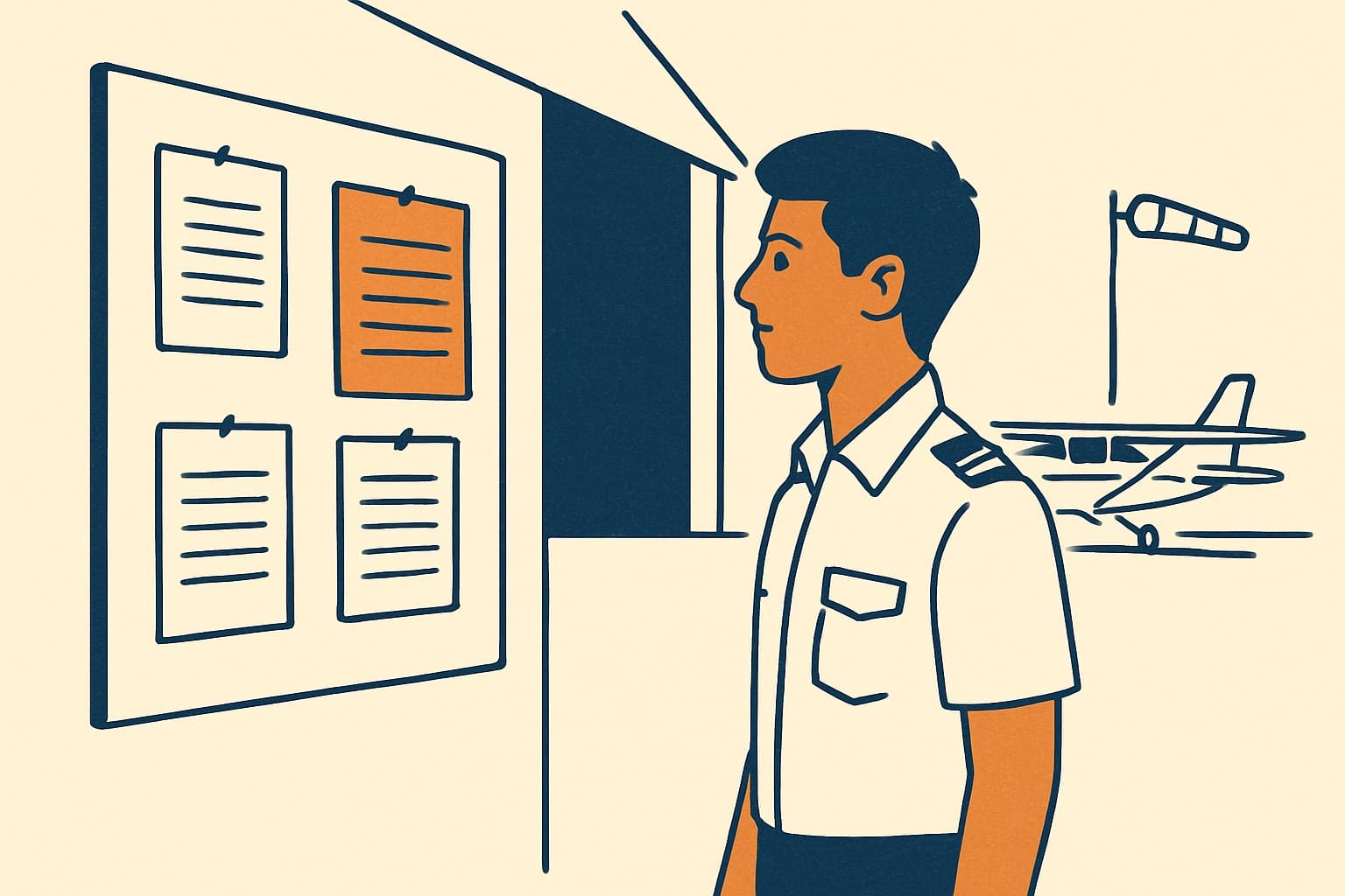 A student pilot comparing fee sheets pinned to a board outside an Indian flying school hangar