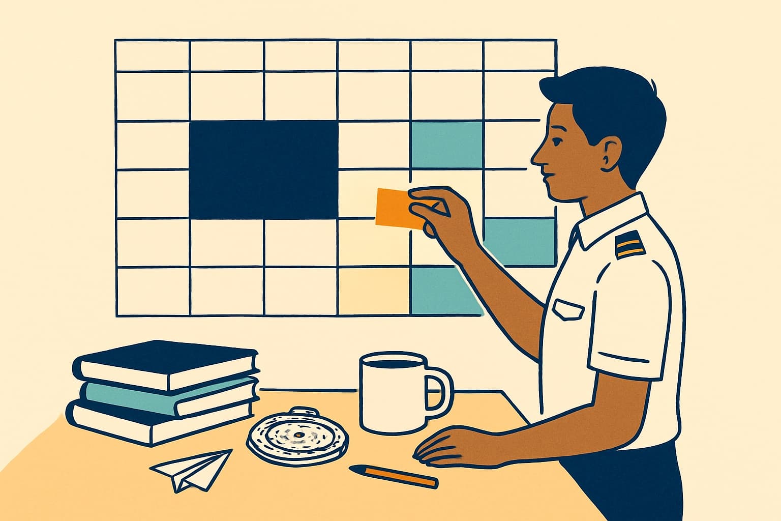 Illustration of a student pilot planning study hours on a wall calendar, with some papers given bigger blocks than others