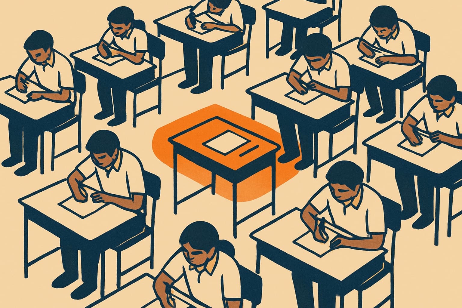 An exam hall with one empty, spotlit desk among writing students