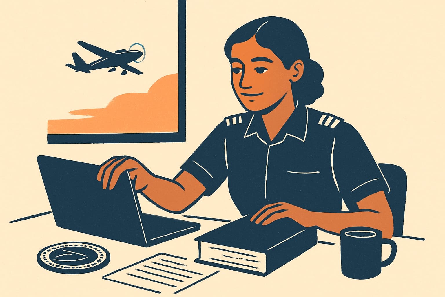 A student pilot calmly closing a laptop and reopening a textbook at sunrise