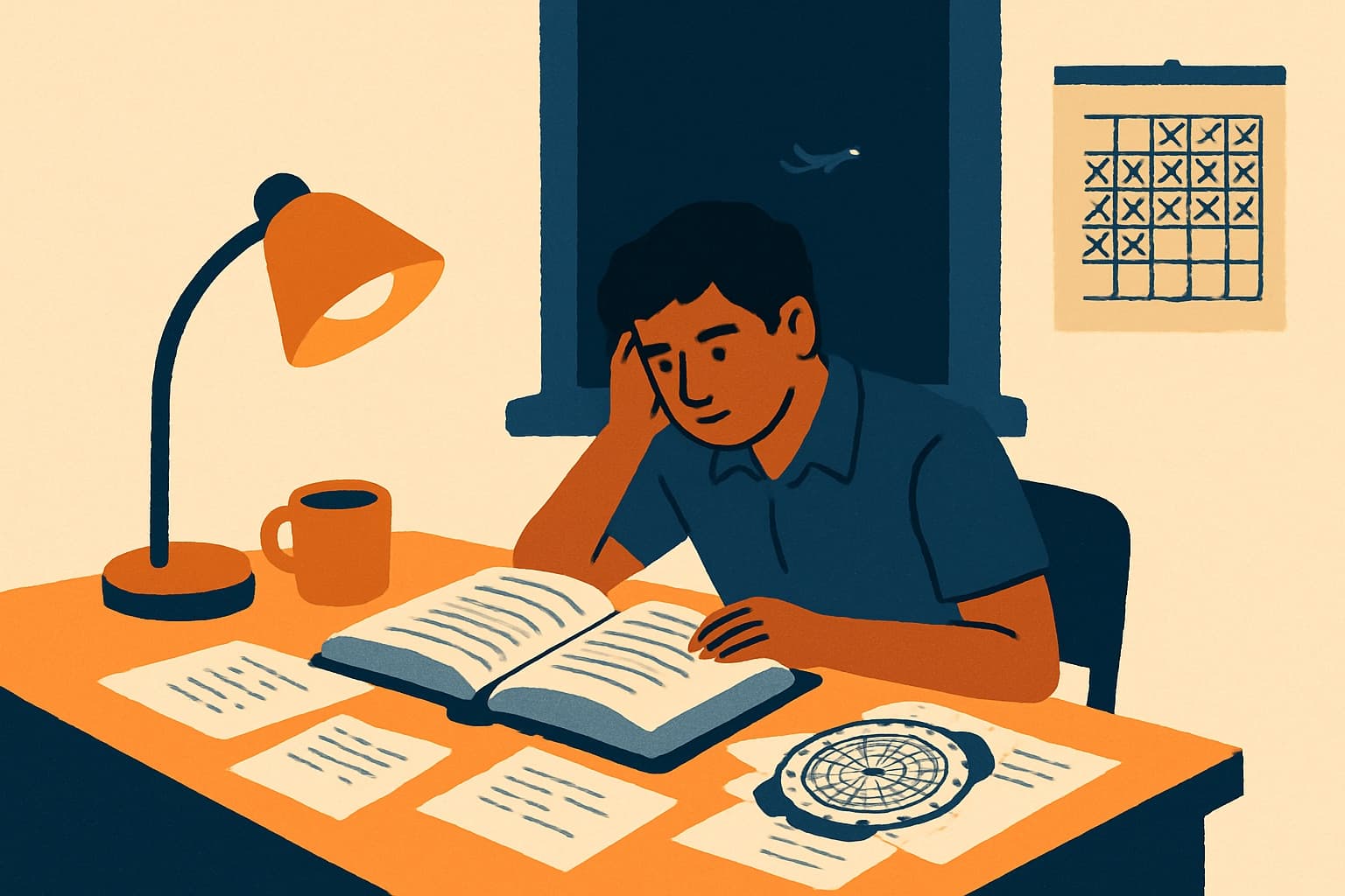 Illustration of a student pilot studying late at night beside a wall calendar with months crossed off