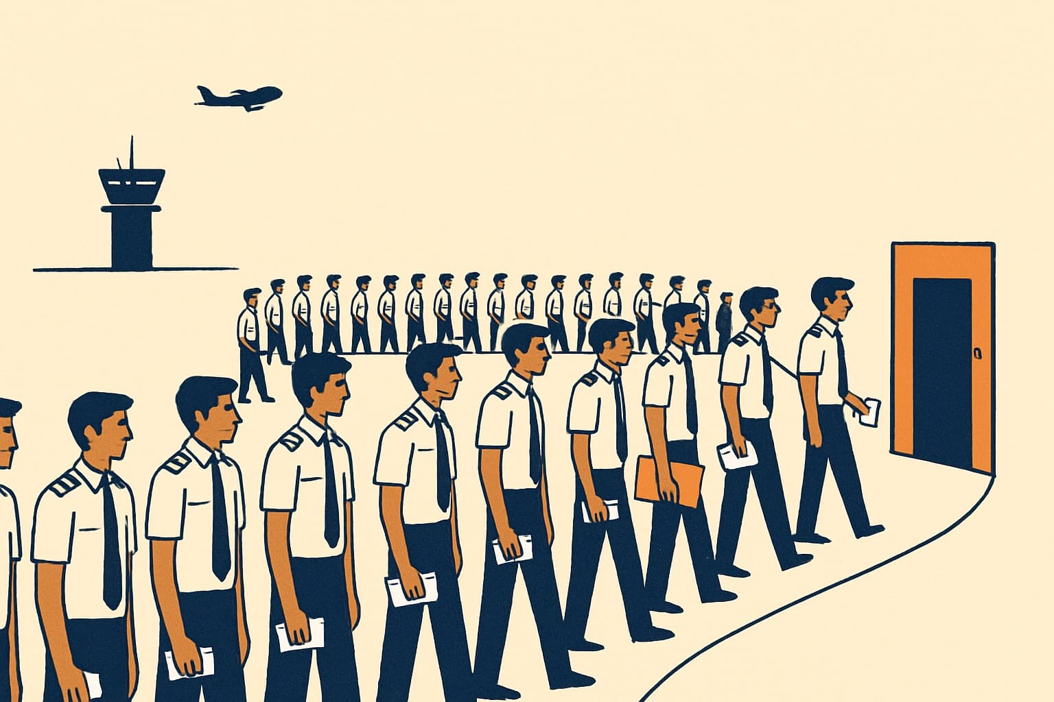 Illustration of a long queue of student pilots in uniform winding toward an exam-hall door, with a control tower in the distance