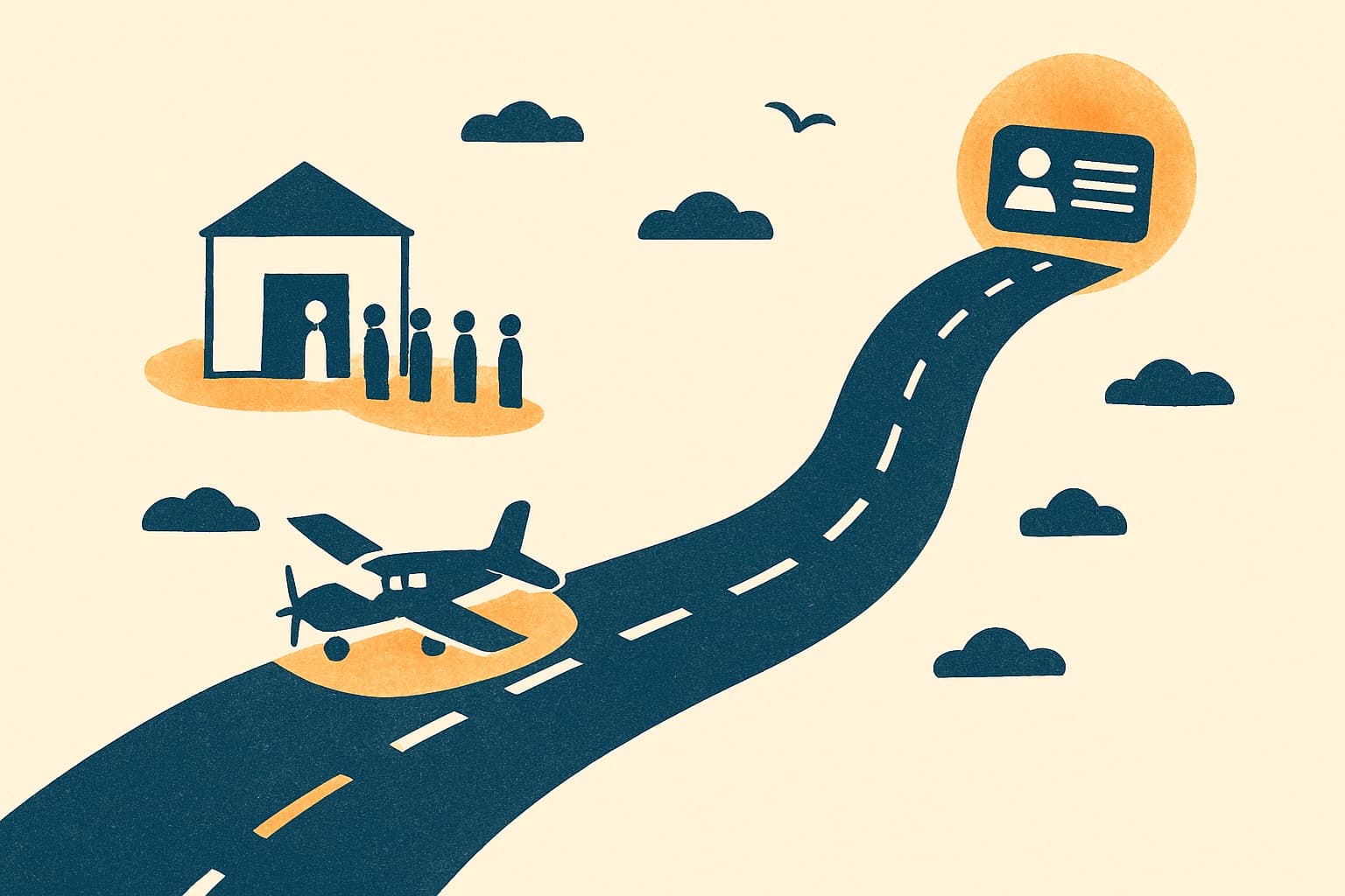 A winding runway-style road from an exam hall to a glowing licence