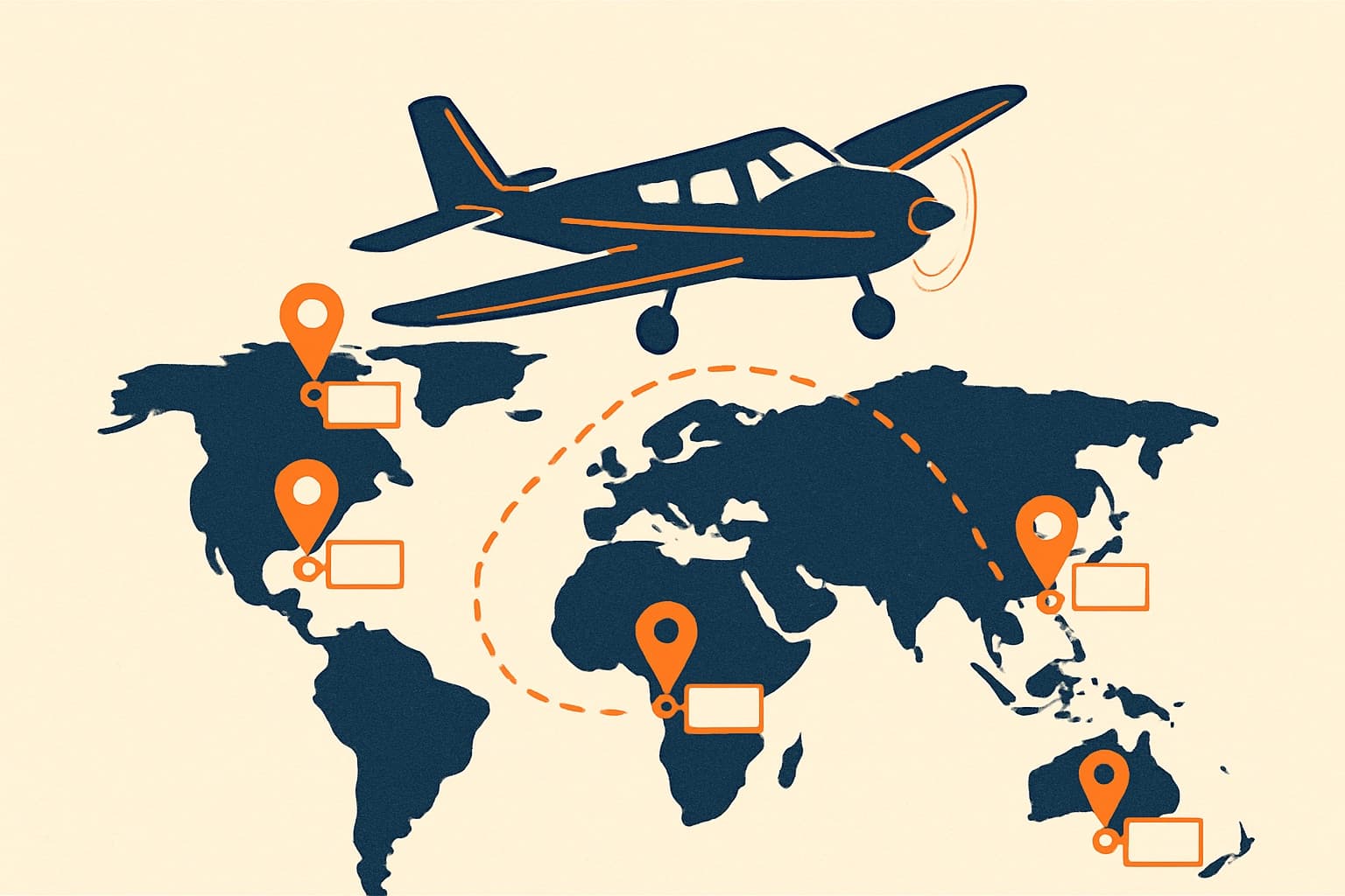 A small training aircraft over a world map with five destinations marked, a rupee-converted price beside each