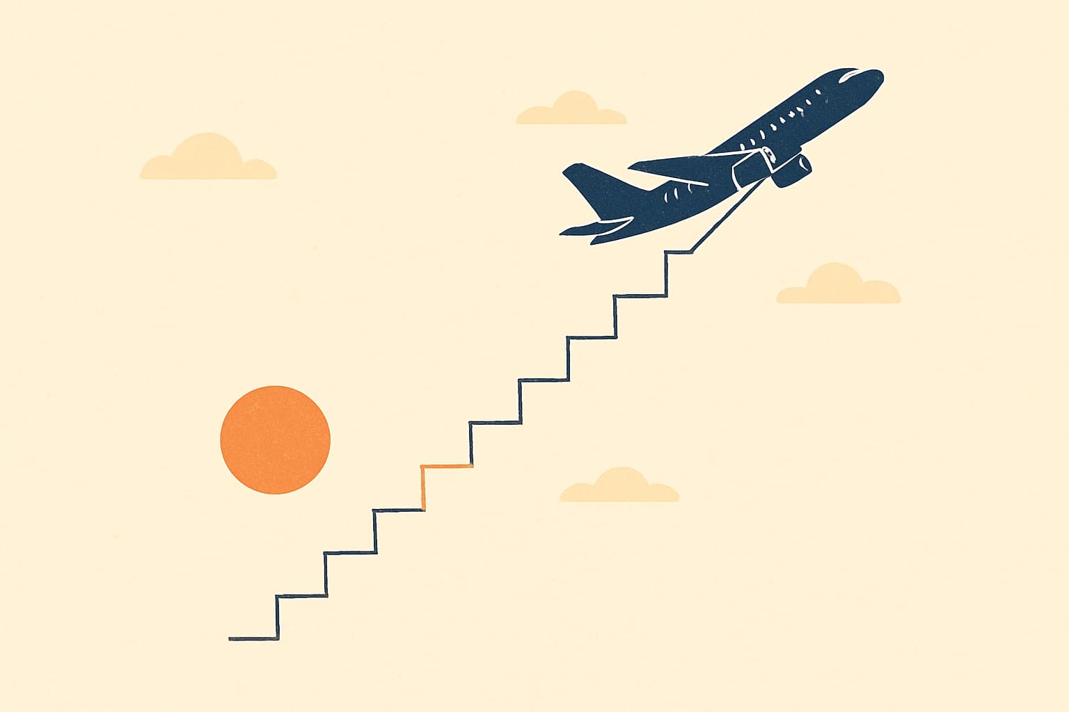 Illustration of an airliner climbing at sunrise, its contrail forming rising steps behind it