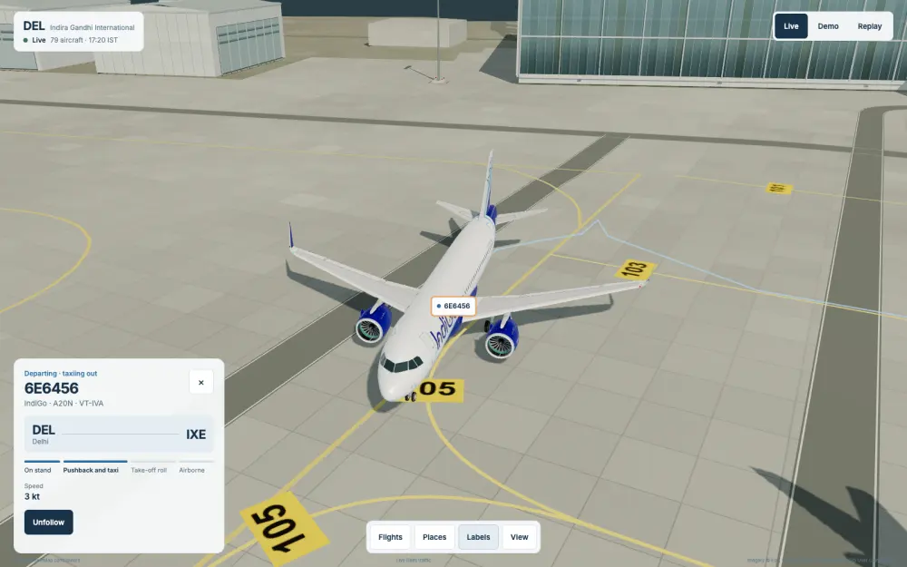 An IndiGo A320neo taxiing out at Delhi, followed live, with its flight card