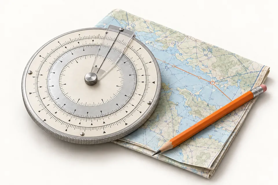 A flight computer on a navigation chart, with a pencil