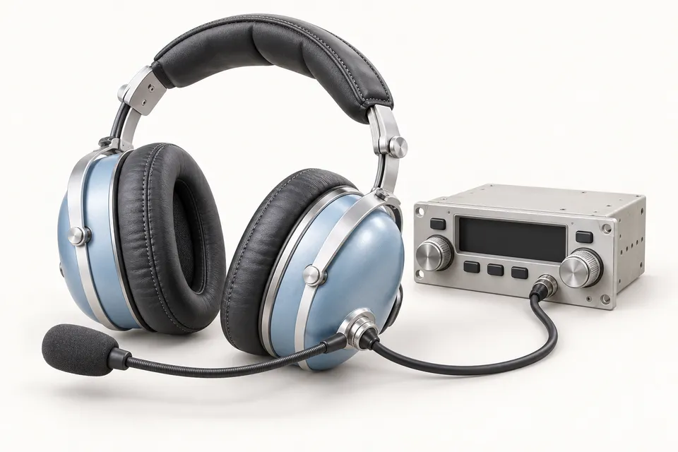 An aviation headset beside a compact radio