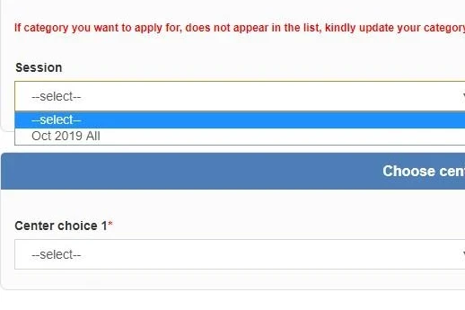 The Pilot Online Examination Application Form, with the Session list and Center choice 1 under Choose center for Online exam.