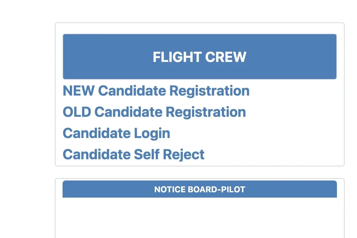 The Pariksha Login Module, with the FLIGHT CREW block listing NEW Candidate Registration, OLD Candidate Registration, Candidate Login and Candidate Self Reject.
