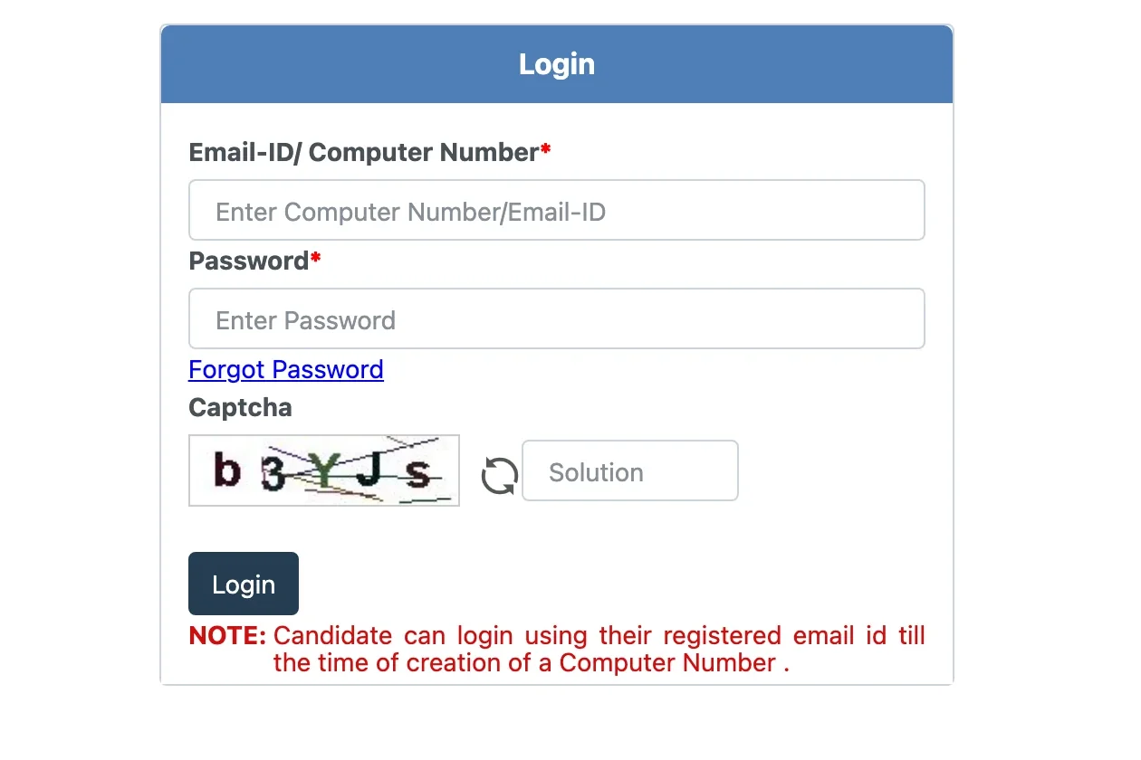 The Pariksha Flight Crew login card: the Email-ID or Computer Number box, password, Forgot Password link, captcha, and the portal's line saying candidates log in with their email until a Computer Number is created.