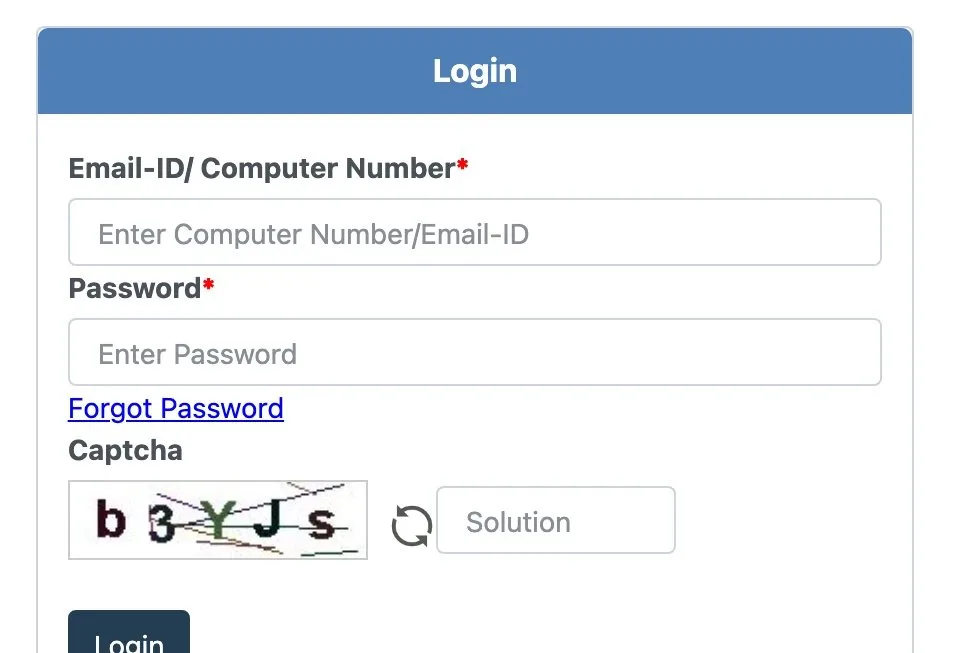 The Flight Crew candidate login card, with the Email-ID or Computer Number box, the password box and a captcha.