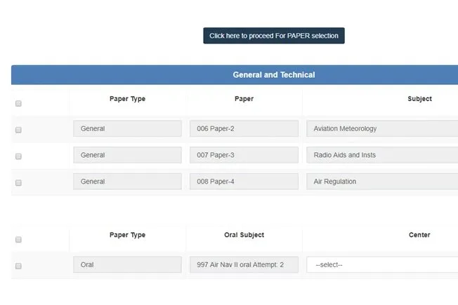 The paper selection screen, with a General and Technical table listing paper type, paper and subject.