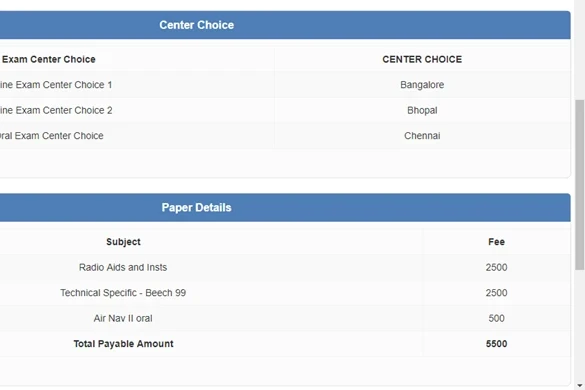 The review screen before payment, showing the centre choices and a Paper Details table with a fee against each subject and a Total Payable Amount.