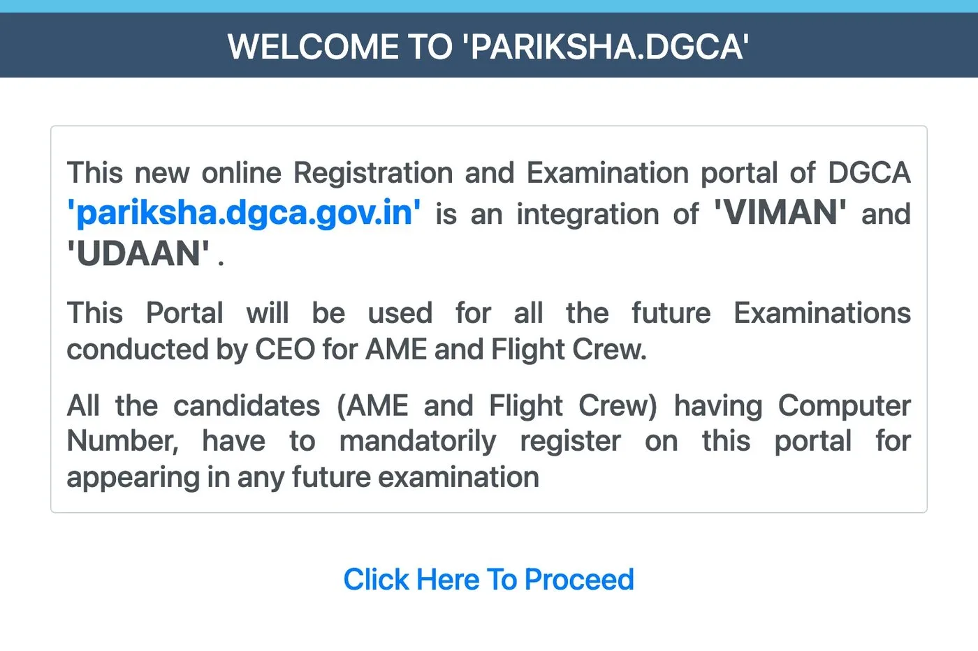 The Pariksha portal's front page, with the welcome note and the Click Here To Proceed link under it.