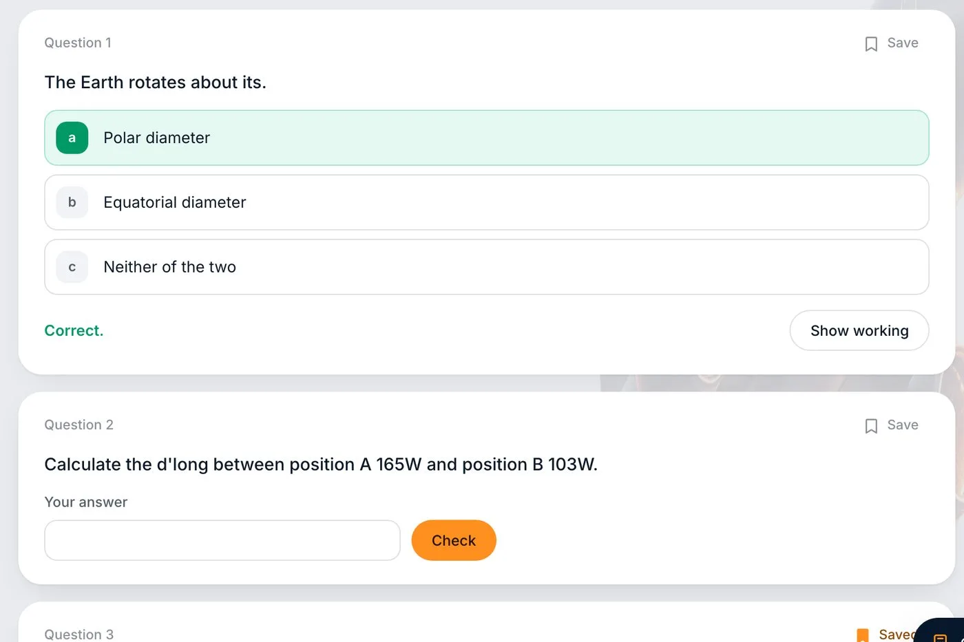 A DGCA practice question marked correct, with the working one tap away