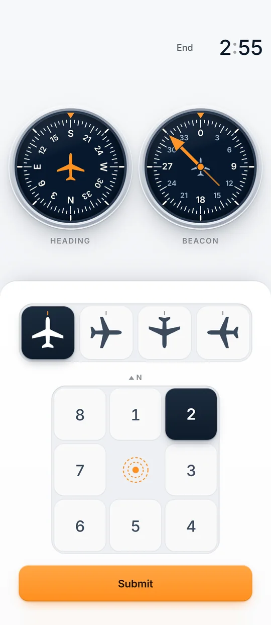 Beacon Position on a phone: a heading indicator and a radio compass