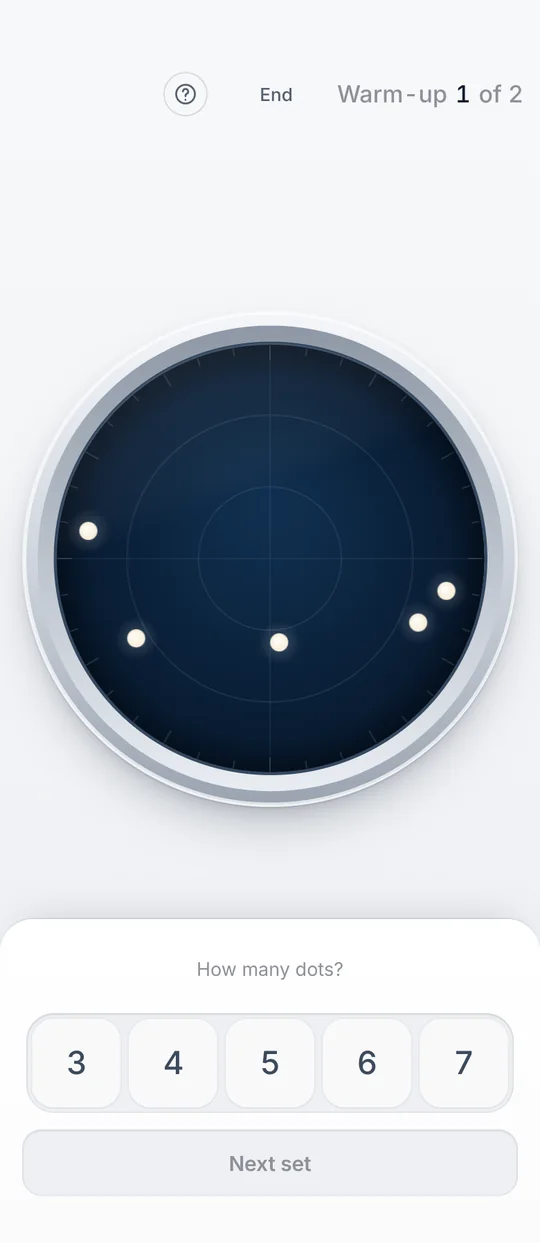 Dot Count on a phone: dots drifting round a scope
