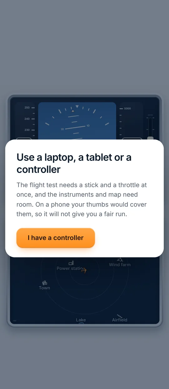 Flight Test on a phone, where it asks for a laptop, a tablet or a controller