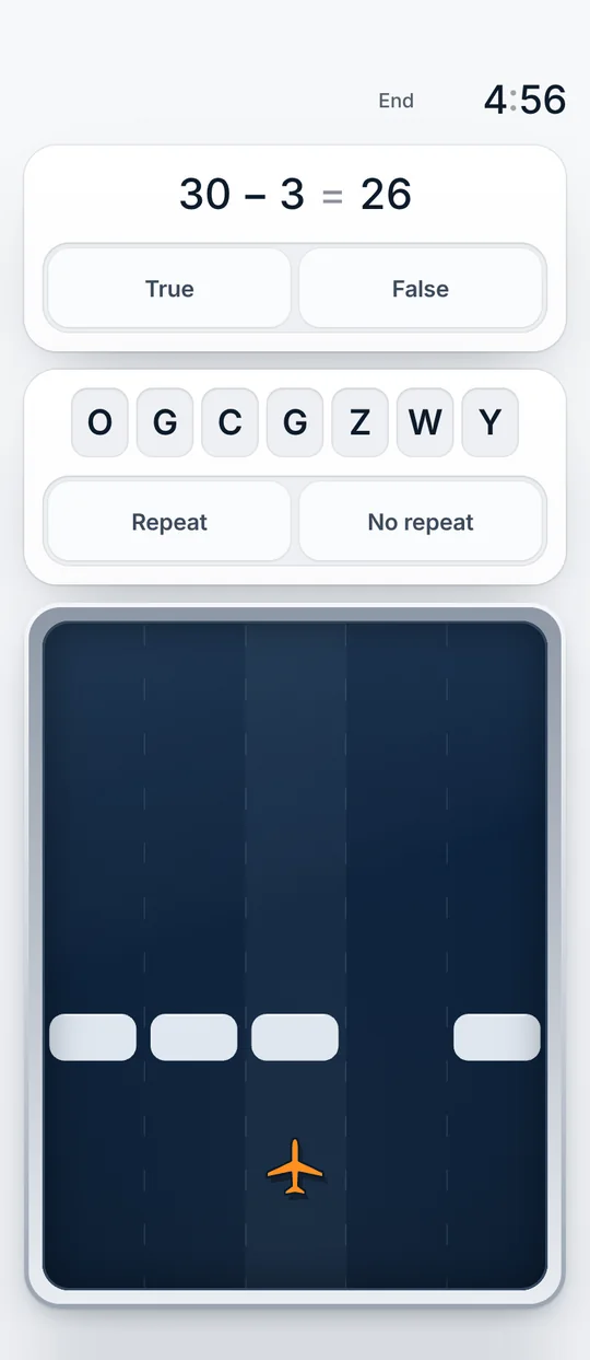 Steer and Check on a phone: a sum, a row of letters and a lane to steer